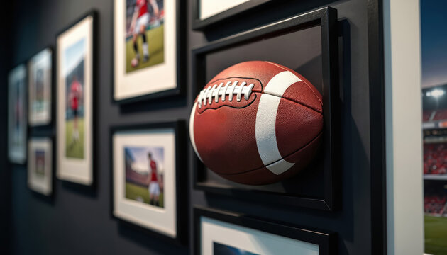 Wall features framed sports photos and an American football. Displays memorabilia from games and stadium views. Decor enhances interior space with athletic art.