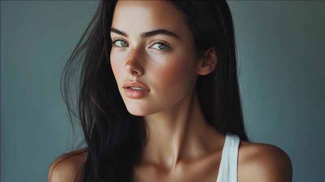 Woman with bold makeup and confident gaze in a studio setting.