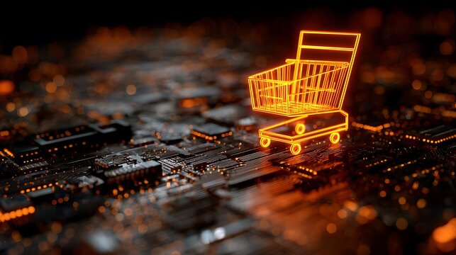 Neon orange shopping cart icon glows against a circuit board, signifying digital commerce