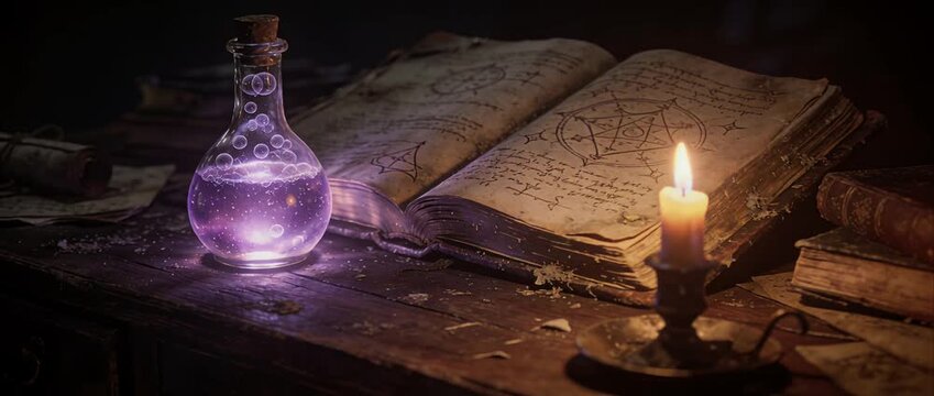 Ancient book magic potion with glowing liquid under candle light on wooden table old manuscript and mystical symbol with alchemy equipment in dark room fantasy scene and mysterious atmosphere