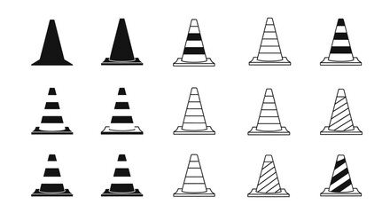 Fototapeta premium A collection of various black and white traffic cones, including solid, striped, and outline designs, arranged in a grid pattern.