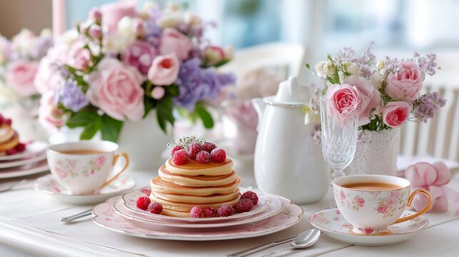 Beautiful festive Mother's Day brunch table decorated with flowers, pancakes, berries and coffee in a bright dining room, elegant celebration setup