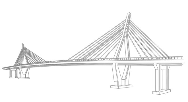 Wireframe drawing of a modern cable-stayed bridge with two prominent towers and numerous support cables, rendered in a minimalist style.