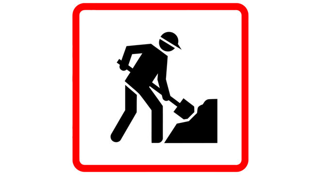 Black silhouette of a construction worker digging with a shovel, set within a white square with a red border, indicating work in progress.