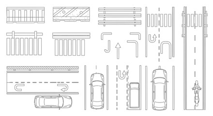 Top-down line art set of road elements with vehicles for urban planning on isolated white background © IMRONI