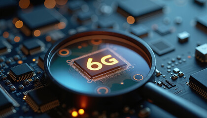 Obraz premium 6G Technology Concept with Magnifying Glass Focused on a Microchip Circuit Board for Future High-Speed Network Connectivity