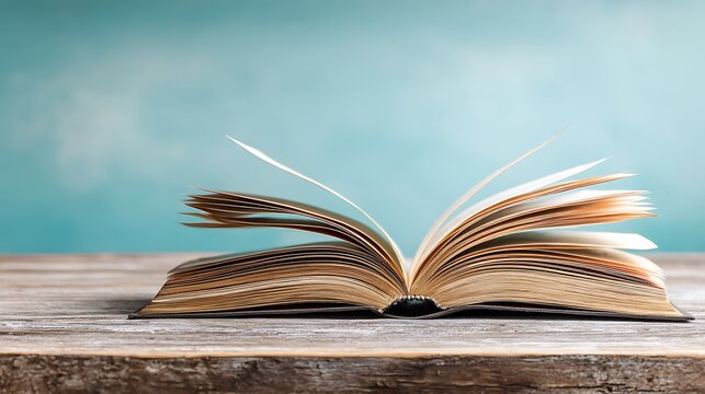 Open hardcover book, weathered, with pages subtly curled and a blurred aqua backdrop