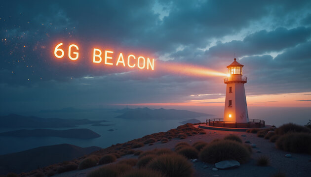 Conceptual 6G Beacon Glowing from Lighthouse Tower Overlooking Coastal Landscape at Dusk