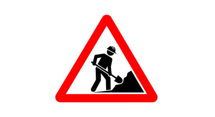 Red triangular warning sign depicting a worker with a shovel, indicating road construction or men at work, on an isolated white background.