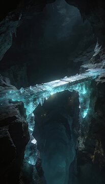 Fantasy cave glowing crystal bridge with glowing ice underground chasm mystical light deep cavern blue crystal and dark rock magical landscape fantasy world mysterious depth epic adventure environment
