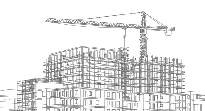 Detailed blueprint style line drawing of a modern building under construction with a large crane against an isolated white background.