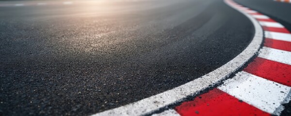 Naklejka premium Close up of a winding asphalt race track with red and white curbs. The surface shows tire marks and is slightly wet, reflecting sunlight. This image conveys speed and competition.