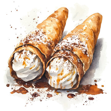 Cannoli, cute watercolor illustration with intricate patterns and vibrant splashes, isolated on a white background.