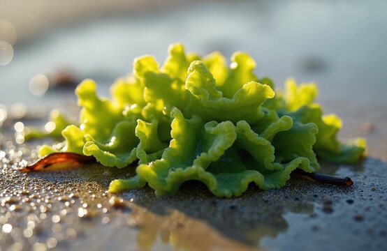 Bright green sea lettuce Ulva lactuca rests on wet sand at low tide. This edible algae grows in coastal waters, revealing its wavy leaf structure and natural beauty near the ocean shoreline.
