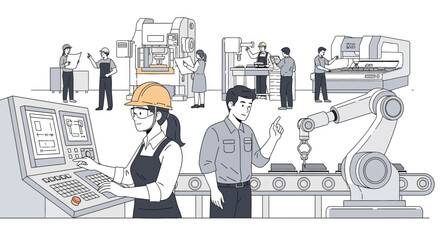Fototapeta premium Manufacturing Industry Workflow: Engineers, Technicians & Robotic Automation in a Modern Production Facility - Smart Factory Operations Illustration