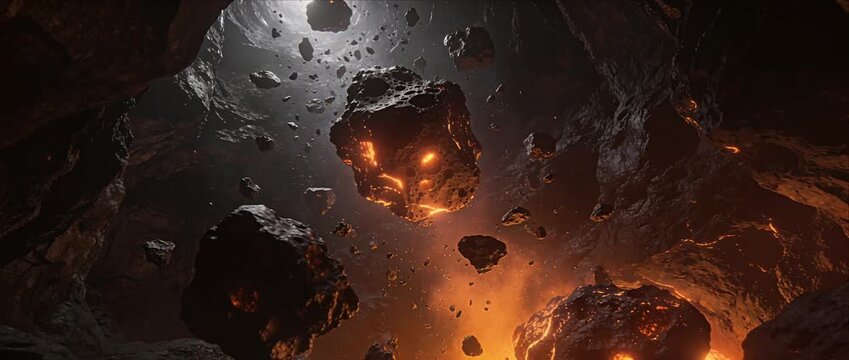 Volcanic rock meteor lava fire explosion glowing cave magma asteroid crater destruction and heat with bright dark danger smoke sparks burning inferno dramatic fantasy science nature geology tunnel