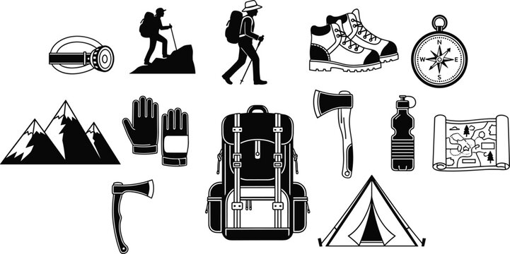 Hiking and camping equipment icons set with backpack tent mountains compass map boots and trekker silhouettes for outdoor adventure wilderness travel vector designs