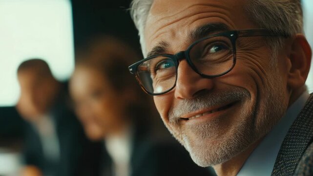 Older man in suit and glasses smiling confidently during business meeting.