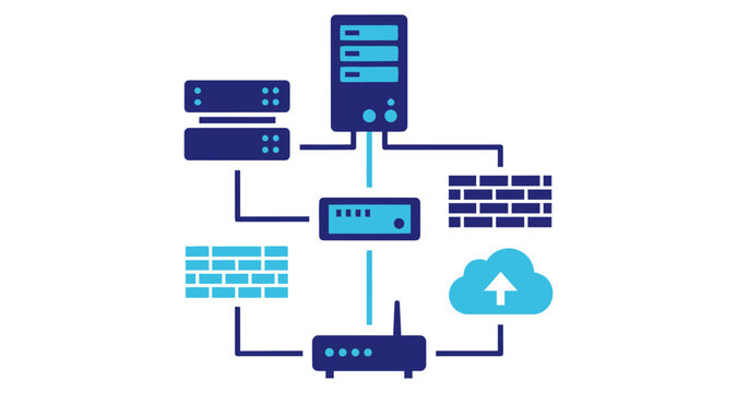 Network diagram data flow servers routers firewall cloud connection vector illustration