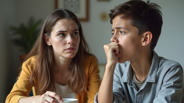 A worried Caucasian mother talks to her anxious son in a cozy living room, reflecting concern and support.