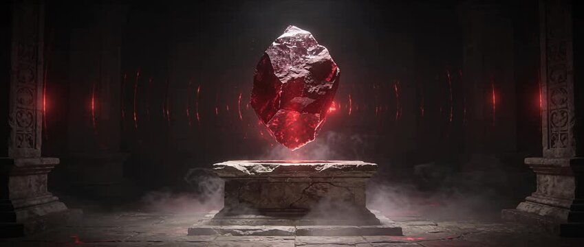 Magic crystal stone fantasy red glowing rock levitation ancient temple altar dark mystic atmosphere cinematic scene mystical light arcane power red crystal floating gem glowing artifact mysterious