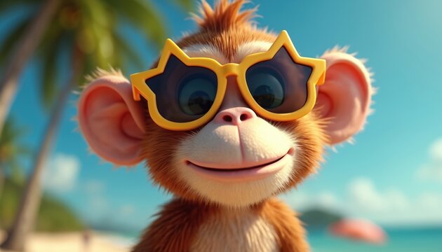 Cute monkey wears star shaped sunnies on beach. Tropical background with palms and blue sky. Animal smiles, enjoys summer vacation. Fun primate with cool eyewear.