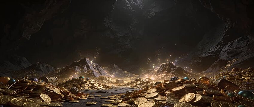 Fantasy treasure cave gold coin wealth sparkle magic adventure cavern with glowing gold coin jewel chest detail ancient gemstone chest mysterious underground hoard opulent scene