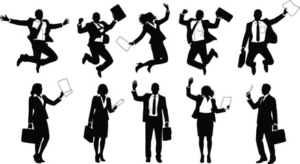 Fototapeta premium Successful business people silhouettes jumping for joy and celebrating career victory with professional men and women in suits holding briefcases and documents vector