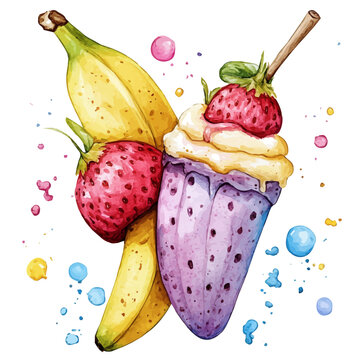 watercolor of Banana Split vector painting, isolated on a white background.