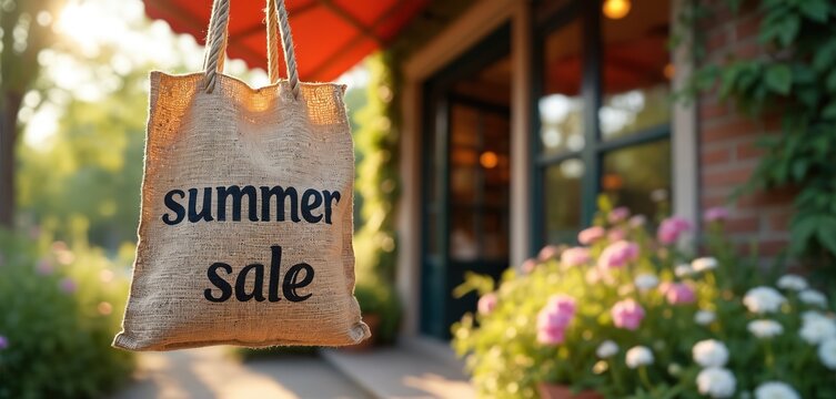 Burlap bag with SUMMER SALE text hangs outside shop. Colorful flowers and green plants surround entrance. Sun shines brightly, creating warm ambiance. Perfect for retail promotions.
