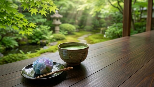 Traditional Japanese tea ceremony on an engawa with wagashi and matcha, idyllic view of a mossy Japanese garden, simple, copys pace, Generative AI