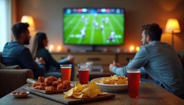 Friends watch American football game on TV. People relax on couch eating snacks like chicken wings, chips and drinking beer. Enjoying game night at home with sports entertainment.