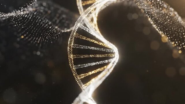 Luxurious Gold and Silver DNA Helix Molecule made of Glowing Particles and Sparkles on a Dark Abstract Background for Science and Technology Presentations