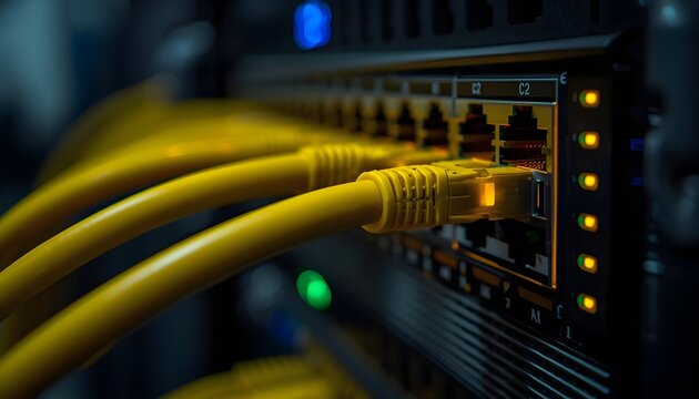 Close-up of yellow ethernet cable connected to network router with illuminated ports in dim lighting