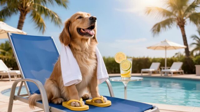 Golden retriever sitting on a lounge chair by the pool wearing flip flops with a drink nearby, creating a funny anthropomorphic summer vacation and relaxation concept