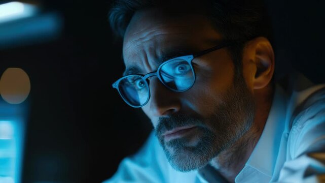 A man wearing glasses, focused on a computer screen with an analytical look.