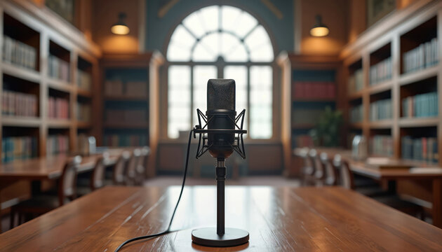 Professional microphone on wooden table in library. Bookshelves filled with books line walls. Large arched window lets in natural light. Empty room for recording audio content.