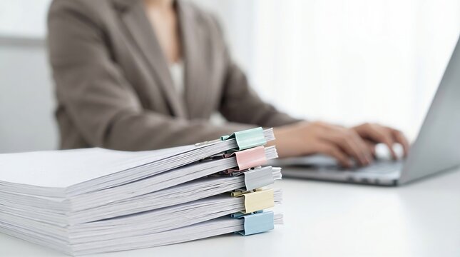 Close up of organized office paperwork pile with pastel clips and blurred accountant typing on computer in background