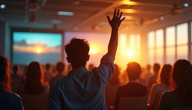 Man raises hand asking question at conference during sunset light. Audience listens intently in bright room, participation, learning, QA session active engagement.