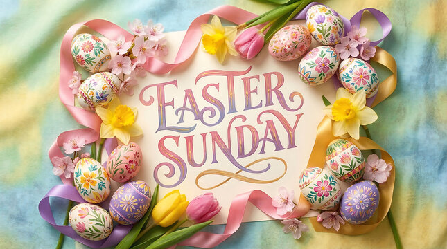 easter sunday , Festive Easter Sunday Poster with Colorful Decorated Eggs and Spring Flowers