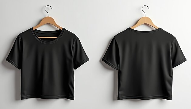 Black cropped t-shirt front and back views shown on hangers. Versatile plain garment for custom design. Apparel mock-up for branding and promotion.