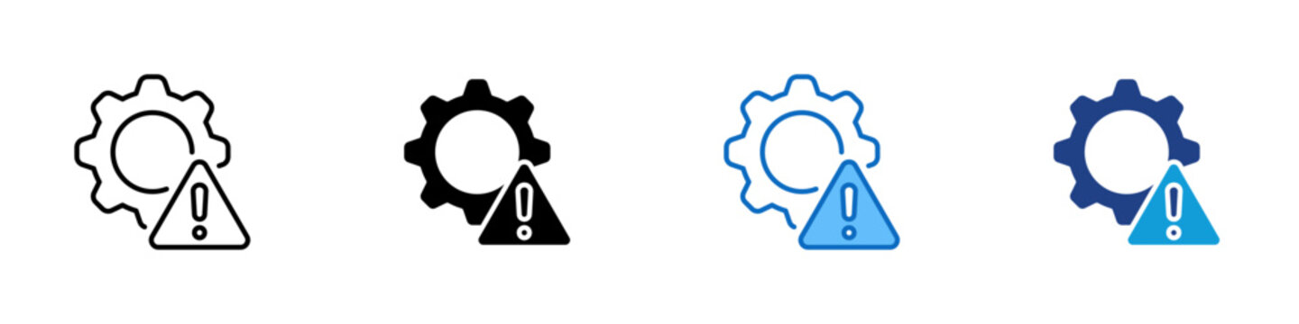 Process Warning Multiple Style Icon Design Vector - Gear with warning sign representing system error, operational risk, and maintenance alert