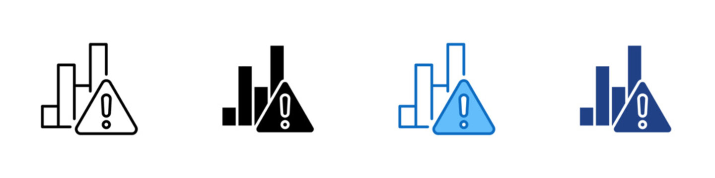Bar Chart Failure Multiple Style Icon Design Vector - Bar chart with warning triangle representing data failure, performance decline, and analytics error