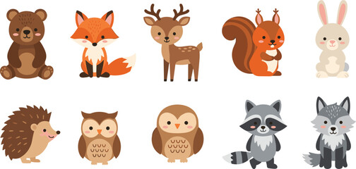 Fototapeta premium Cute Woodland Animals Set with Bear Fox Deer Squirrel Rabbit Owl Hedgehog and Raccoon, Cartoon Forest Wildlife Collection for Kids Illustration Design