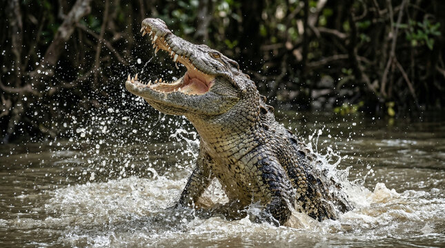 Massive Saltwater Crocodile Lunging Aggressively from Water with Jaws Wide Open - Scary Hunt