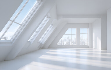 Obraz premium Modern, bright interior with large angled windows overlooking a city skyline. Sunlight streams across the empty, white room