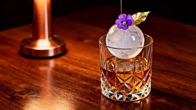 Decorated cocktail with ice sphere