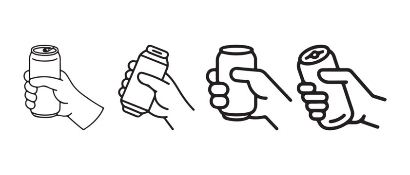 Set of hand holding beverage can line icons.