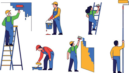 Fototapeta premium Professional painters working vector illustration set house painting workers using rollers ladder tools home renovation service design