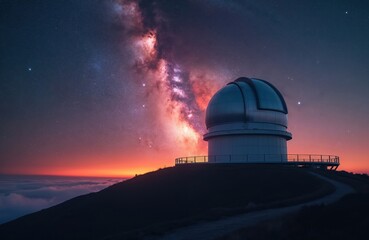 Obraz premium Observatory dome sits on a hill under a starry night sky with the Milky Way visible. A fiery sunset glows on the horizon above low clouds. This building is for astronomical research and discovery.